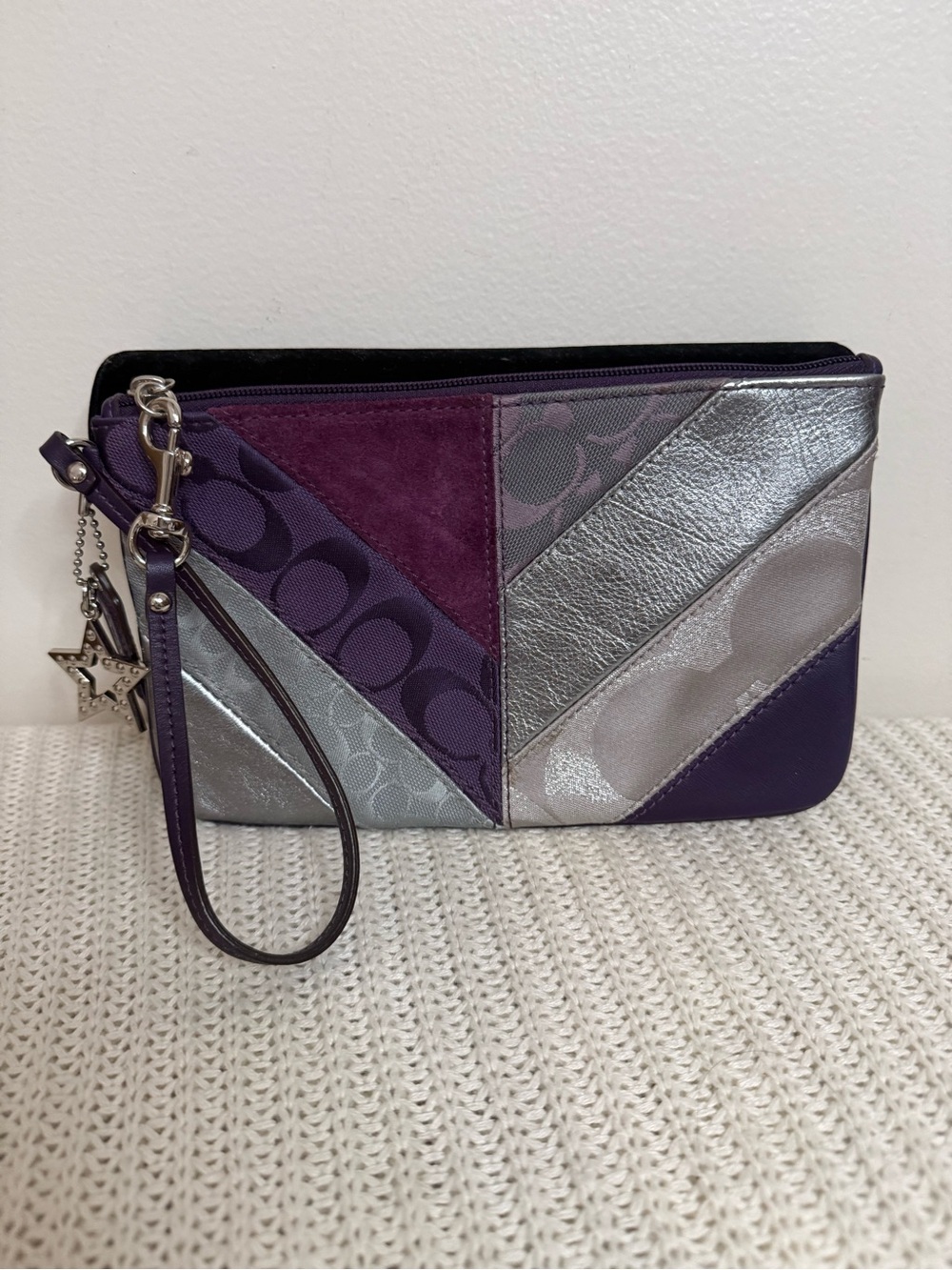 Coach Purple & Silver Patchwork Wristlet with Star Charm medium wristlet
